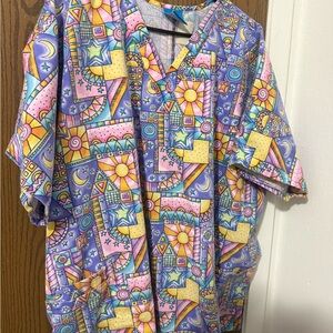 Colorful Geometric & Celestial Print Scrub Top